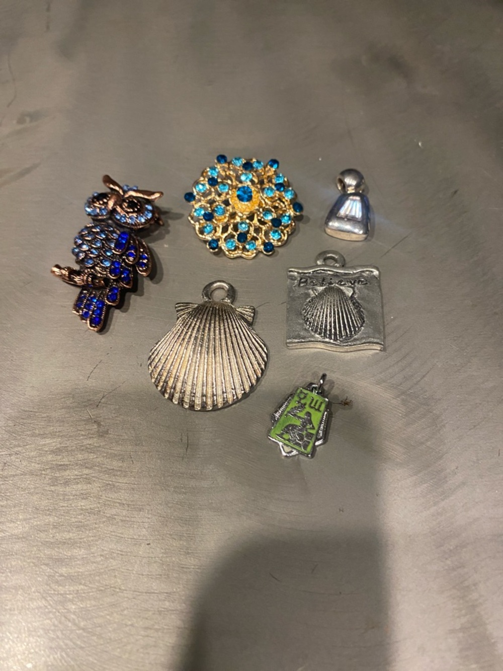 Assorted Charms Pack - Owl, Shells & Rhinestone Flower - Blue, Gold, Silver